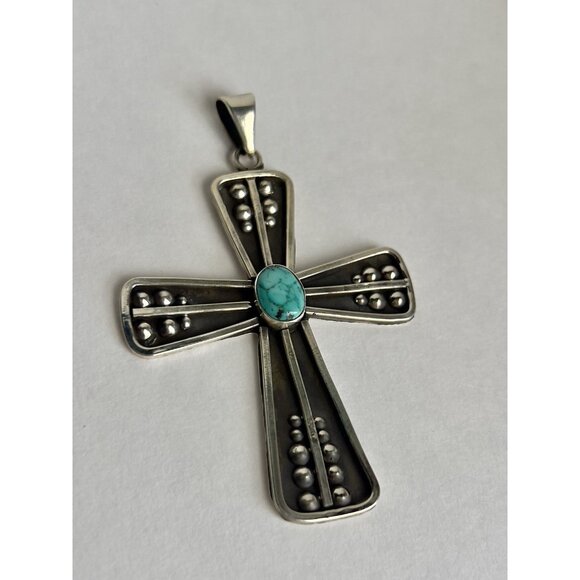 925 Sterling Silver Oxidized & Turquoise Cross Pendant - Picture 4 of 16